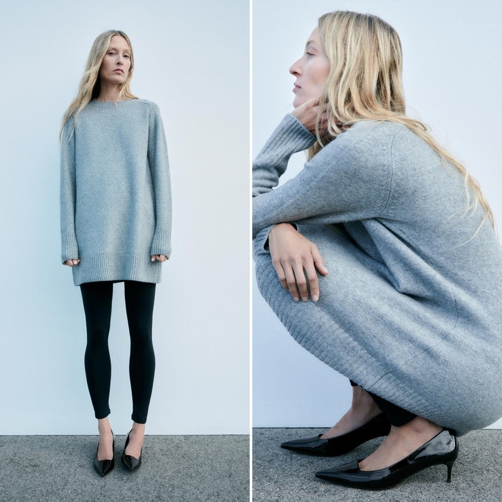 Zara Gray Crew Neck Knit Long Sweater Mini Dress Women’s Size Medium